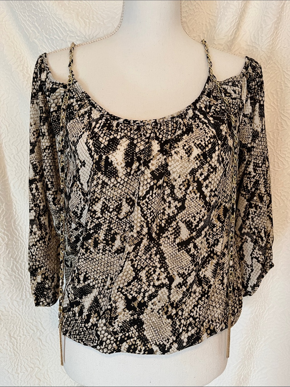INC Brown/Tan and White Snake-Print Off-Shoulder Top with Chain Detail